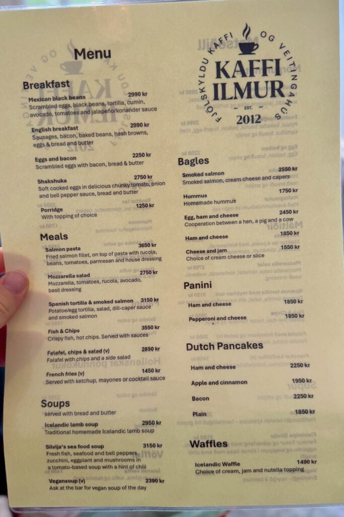 Food menu at Kaffi Ilmur.