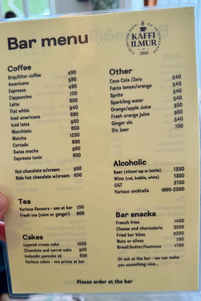 Drinks menu at Kaffi Ilmur.