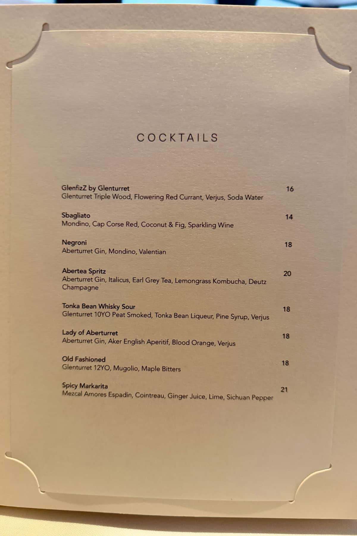 Cocktail menu at Lalique.