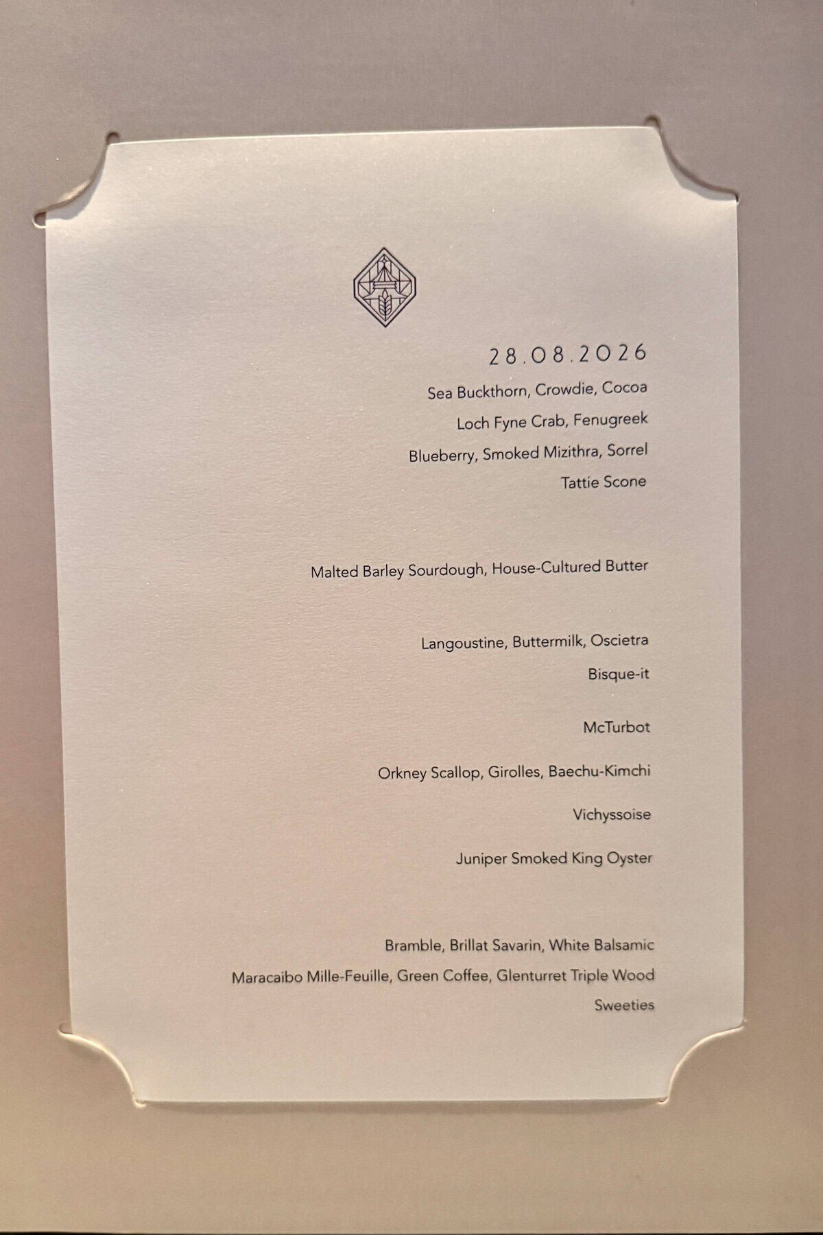 Menu for August 28, 2026, at Lalique at Glenturret.