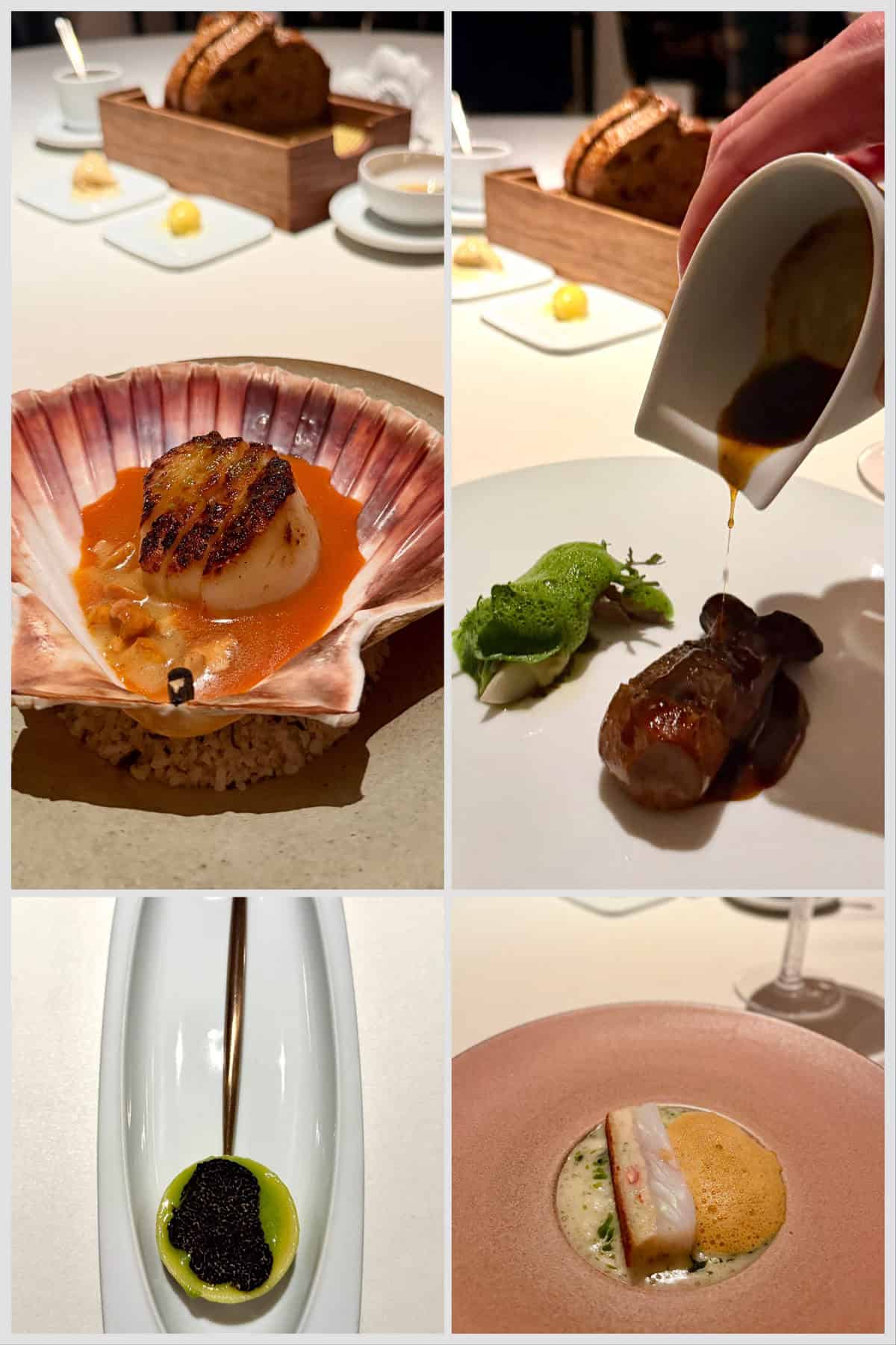 Collage of elegantly plated main courses at Lalique at Glenturret restaurant, including scallop, oyster, vichyssoise, and turbot.