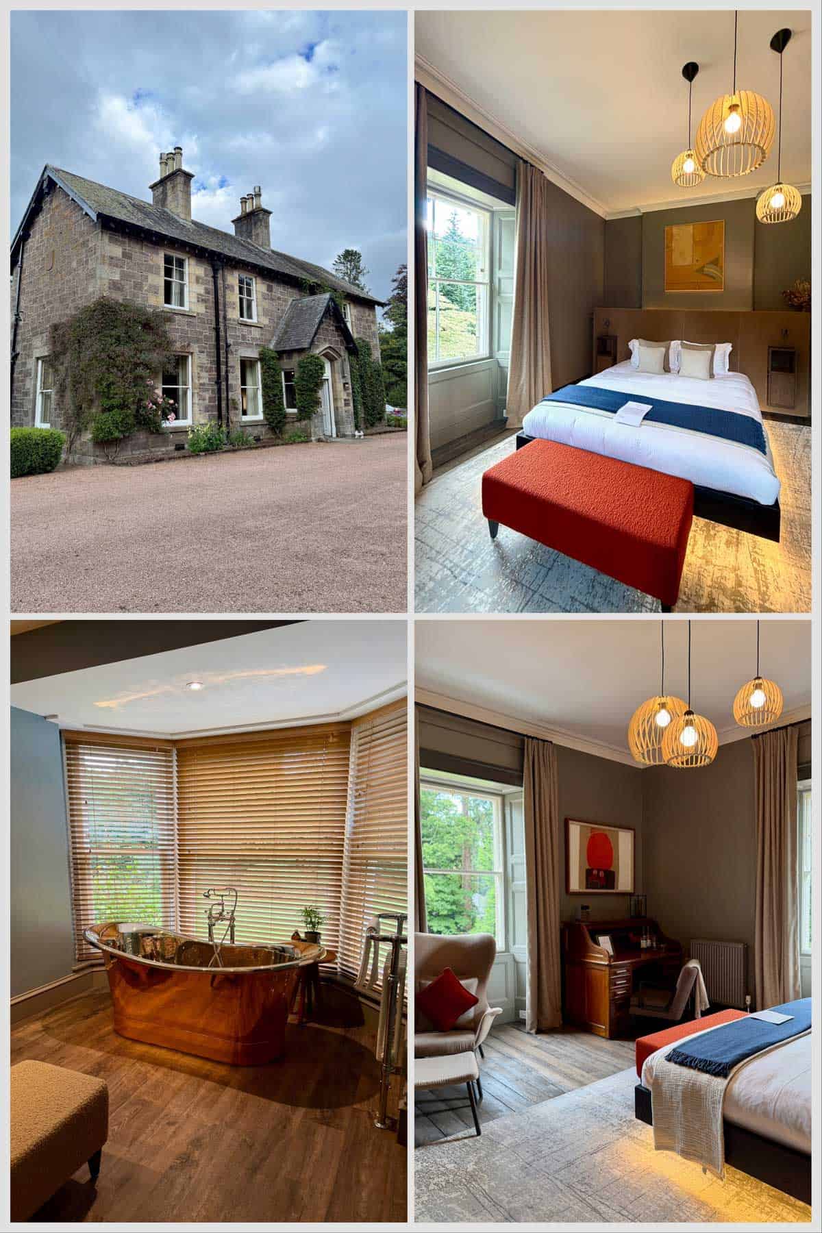 Collage of photos showing Glenturret guest house, a two-story stone cottage with facilities including copper bathtub and elegantly furnished bedroom.